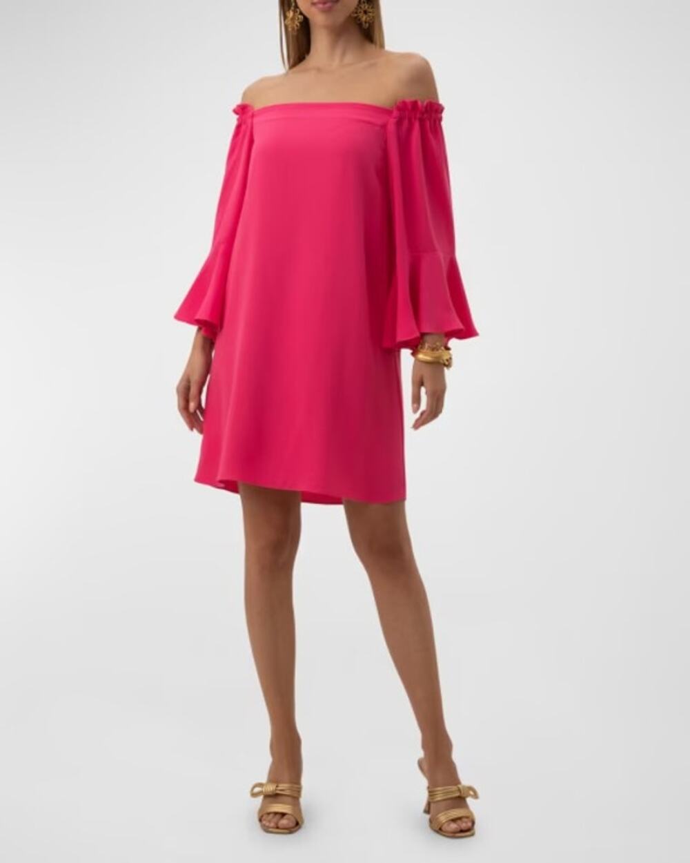 NWT Trina Turk Knox Dress Medium Off Shoulder Bell Sleeve Hot Pink Shift Dress